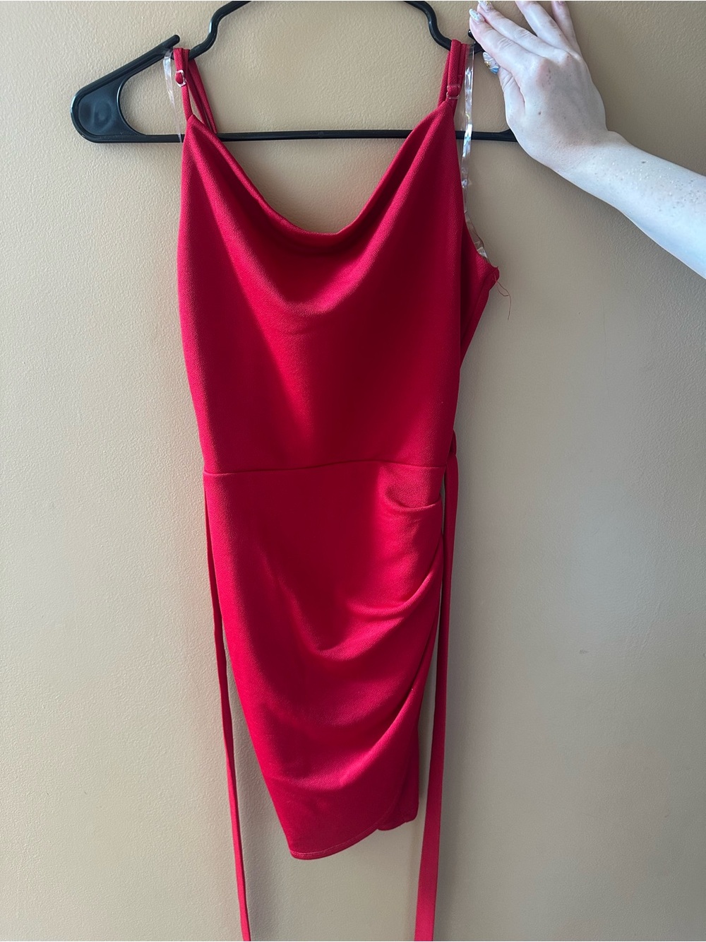 Red Cowl-Neck Mini Dress with Side Tie Detail